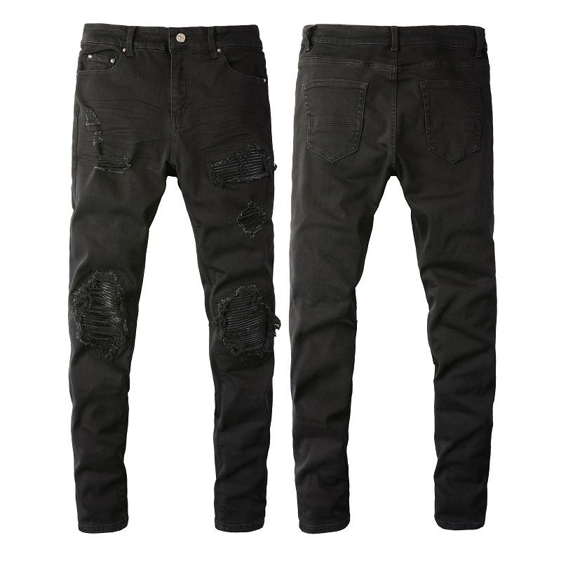Purple Jeans Men's Slim Fit Black Jeans with Wrinkled Details, Patches, and Ripped Design (602-8520)