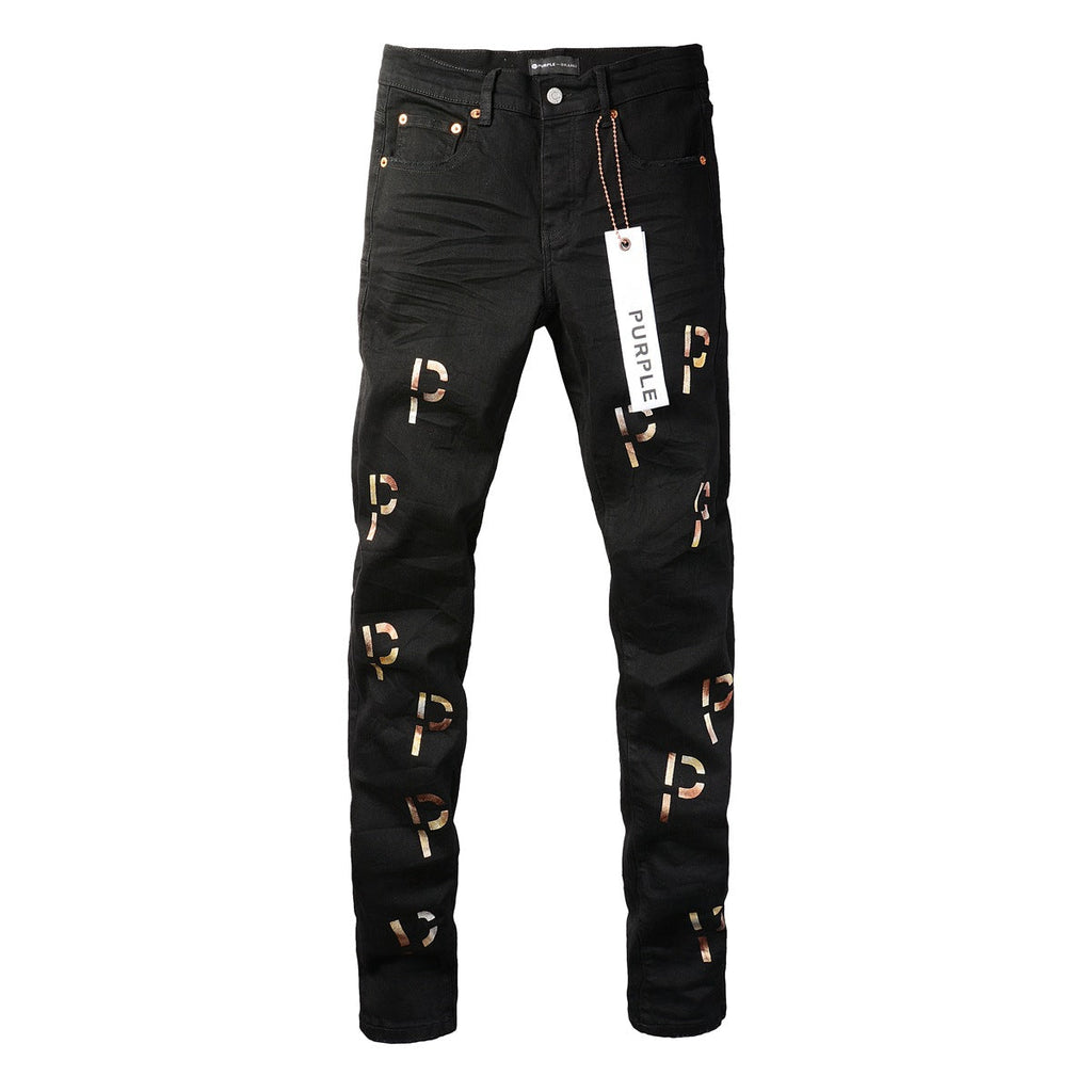 Purple Jeans New Black Letter Printing Vintage Personality Fashion Ripped Jeans 9008