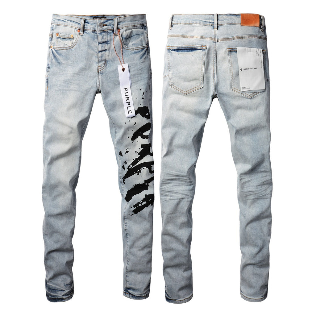 9048 Mens Purple Skinny Jeans with Ripped Detail Fashionable Denim Biker Pants with Patches and Printed Design Jeans Purple
