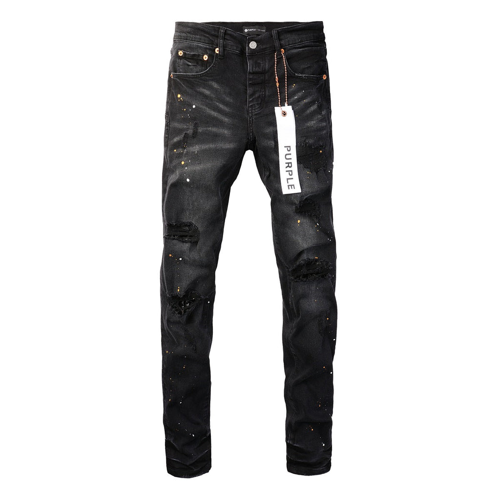 Purple Jeans - Distressed Black Denim with Knee Slit and Ripped Hole 9045