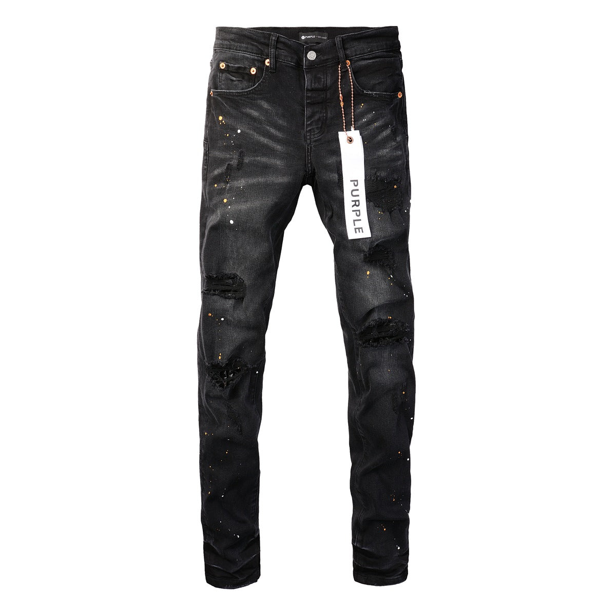 Purple Jeans - Distressed Black Denim with Knee Slit and Ripped Hole 9045