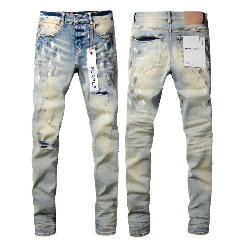 Purple Jeans Fashion Men Black Jeans Distressed Hole Unique Personality 9007