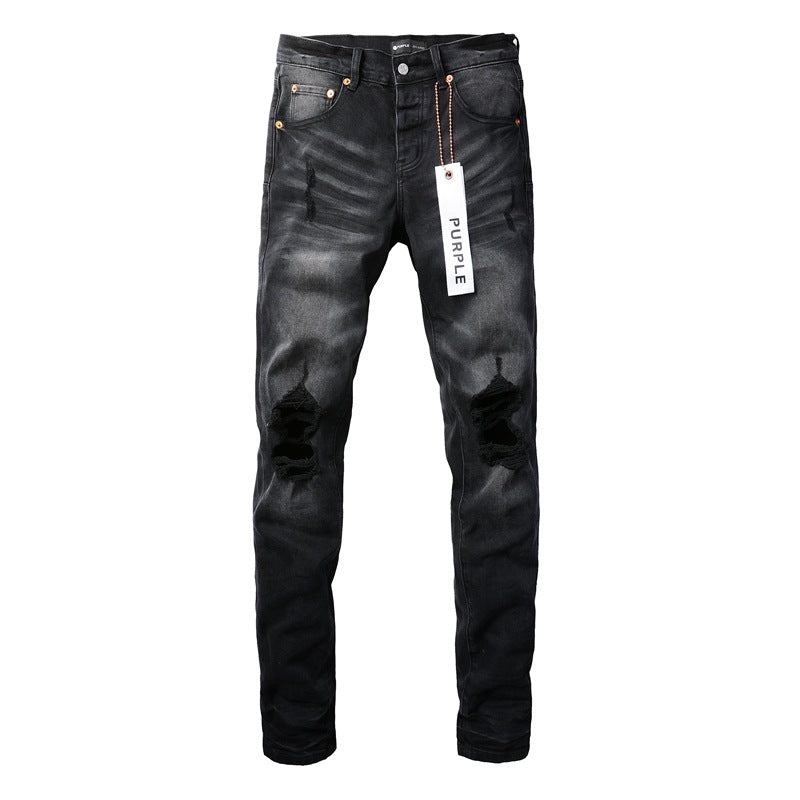 Purple Jeans  New Fashion Men Black Jeans Distressed Hole Unique Personality