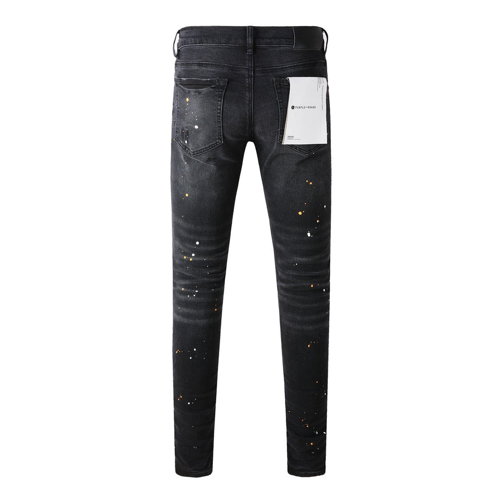 Purple Jeans - Distressed Black Denim with Knee Slit and Ripped Hole 9045