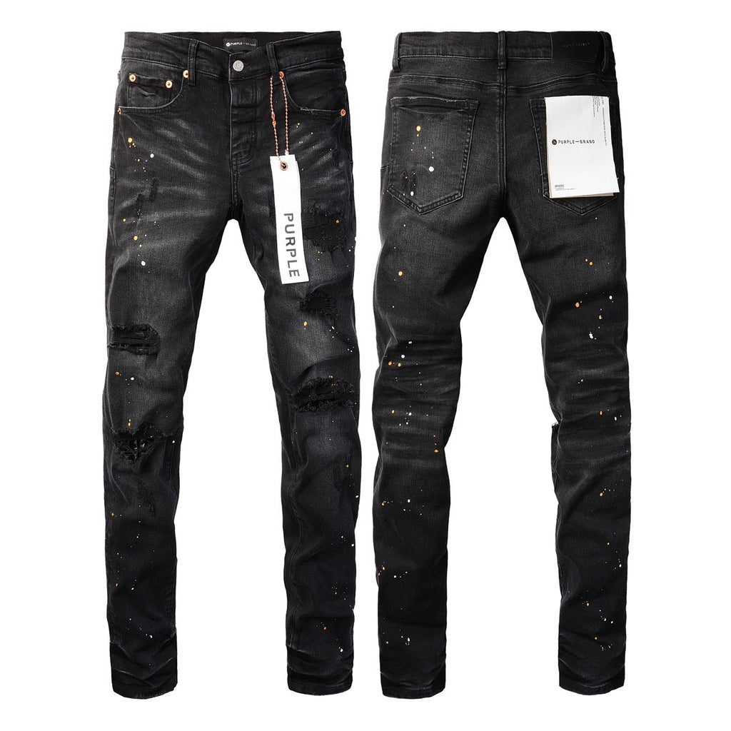 Purple Jeans - Distressed Black Denim with Knee Slit and Ripped Hole 9045