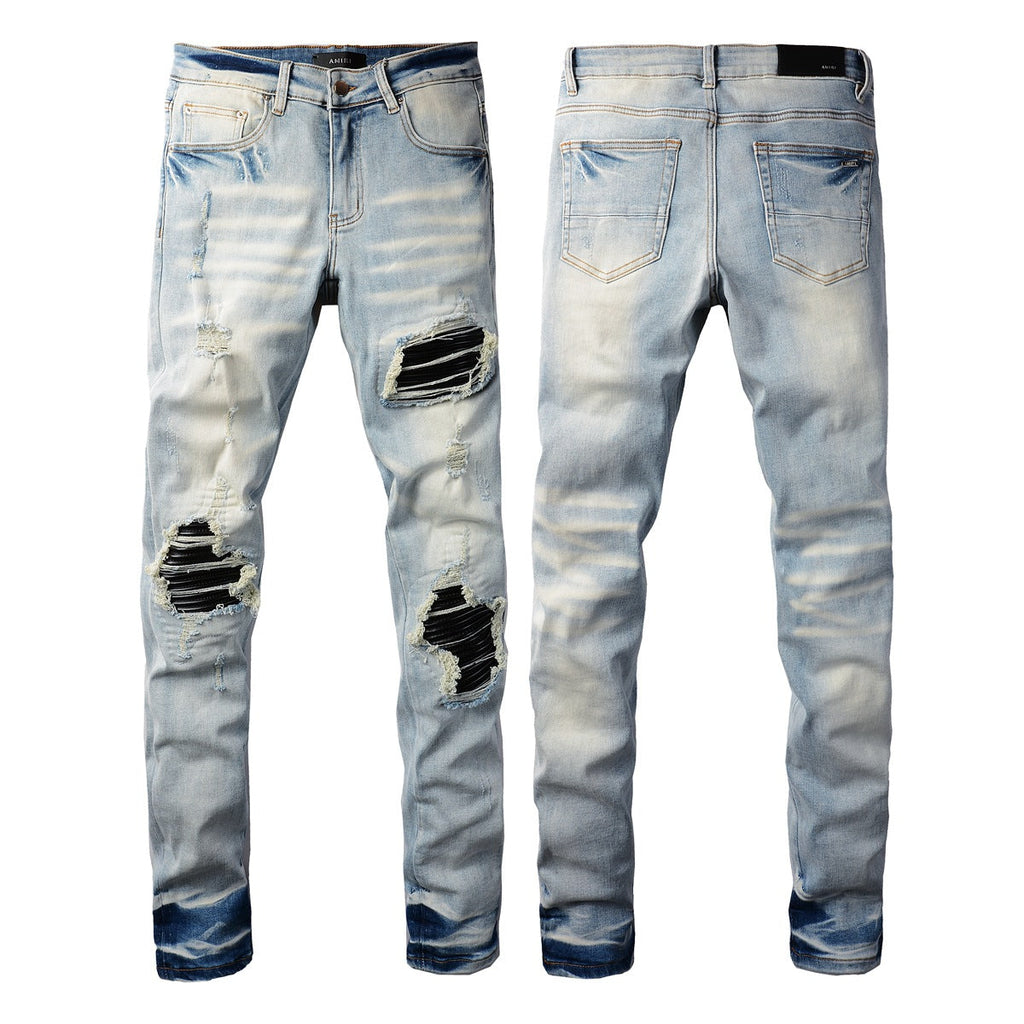 Purple Jeans Mens Punk Slim Stretch Distressed Jeans With Ripped Knee Patch Blue Pants 6848