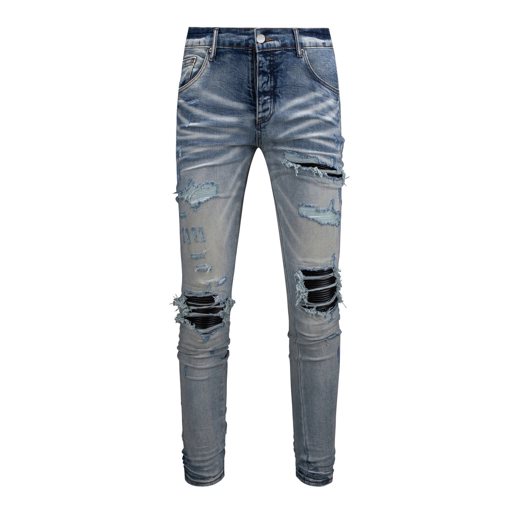 Purple Jeans Men's Slim Fit Black Jeans with Street Style Patches, Vintage Wash, and Ripped Details 6848