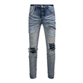 Purple Jeans Men's Slim Fit Black Jeans with Street Style Patches, Vintage Wash, and Ripped Details 6848