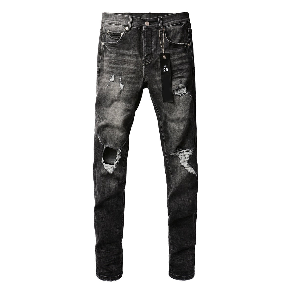 Purple Black Distressed Jeans 9079 Long Pants with Stylish Rips and Tears