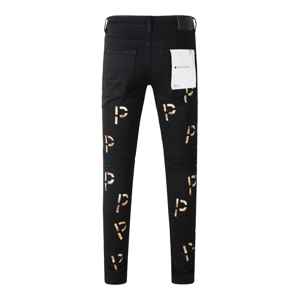 Purple Jeans New Black Letter Printing Vintage Personality Fashion Ripped Jeans 9008