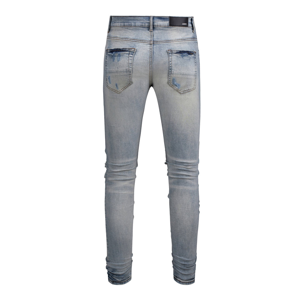 Purple Jeans Men's Slim Fit Black Jeans with Street Style Patches, Vintage Wash, and Ripped Details 6848