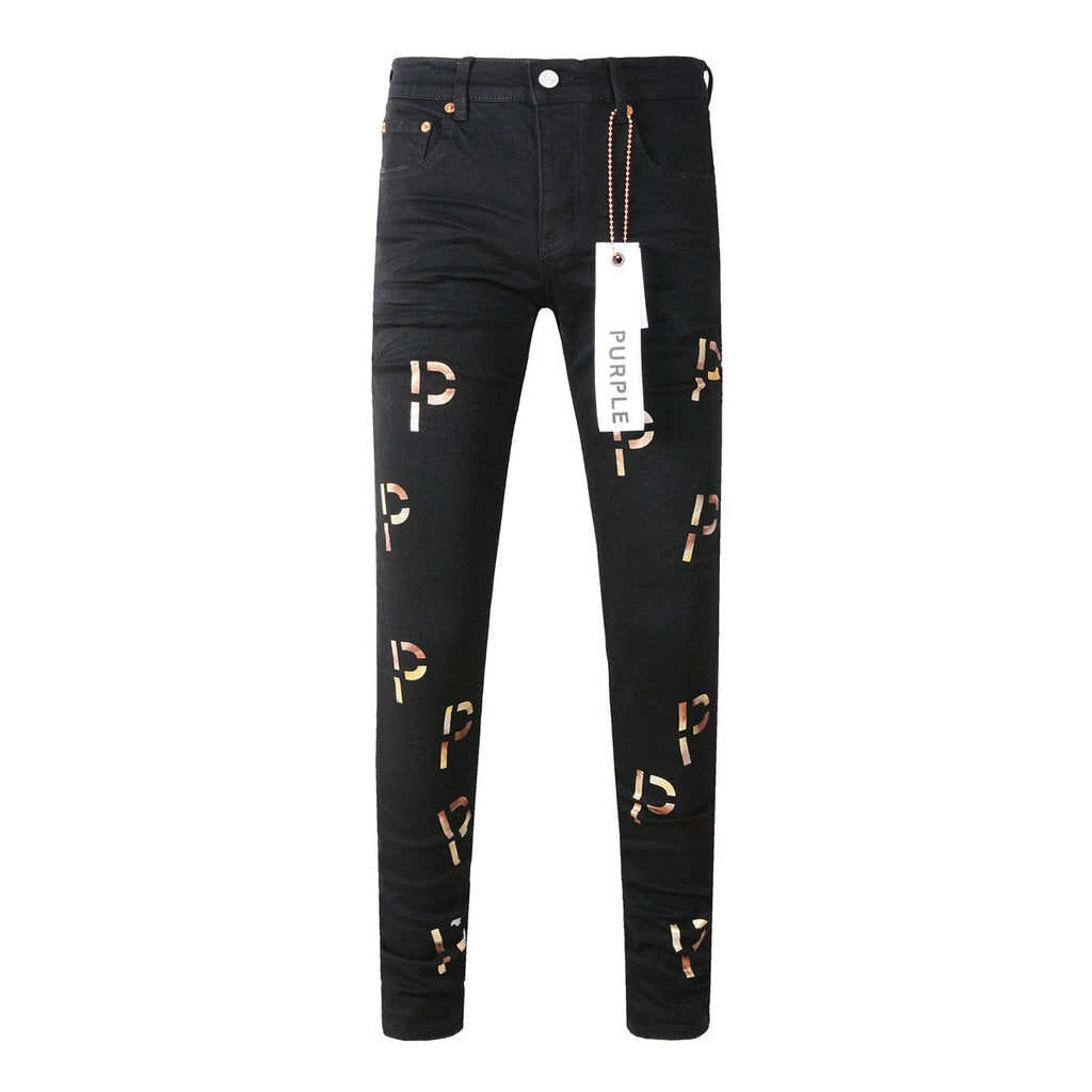 Purple Jeans New Black Letter Printing Vintage Personality Fashion Ripped Jeans 9008