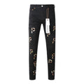 Purple Jeans New Black Letter Printing Vintage Personality Fashion Ripped Jeans 9008
