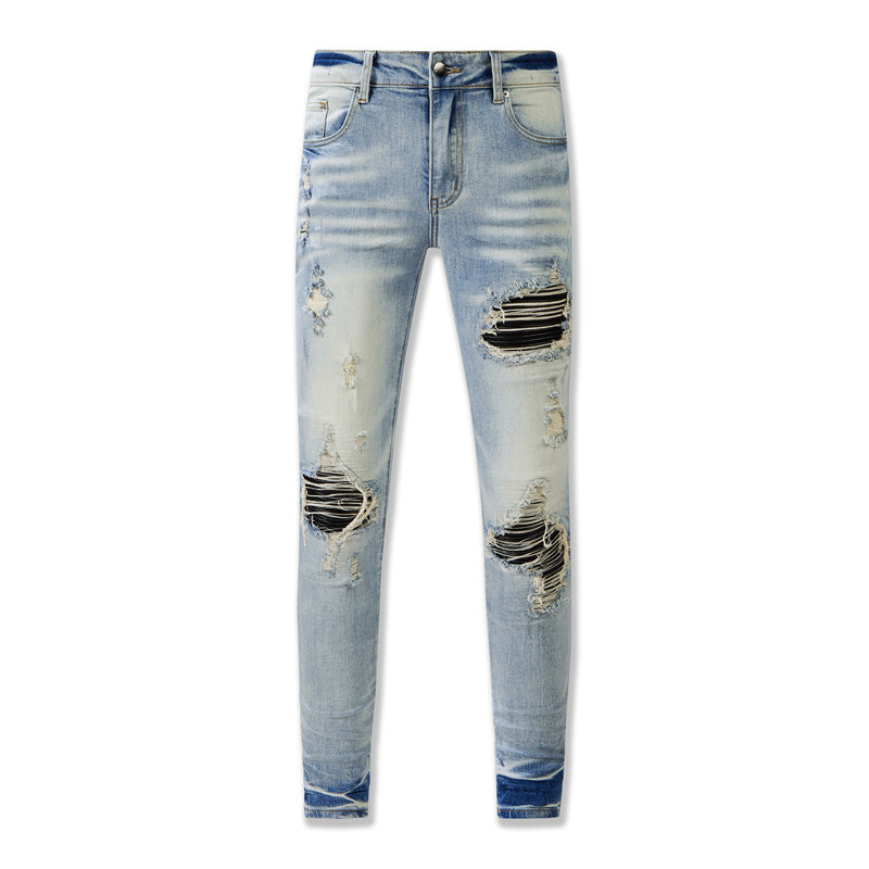 Purple Retro Style Washed Jeans (8807-848) Featuring a Distressed Look and Bold Rips
