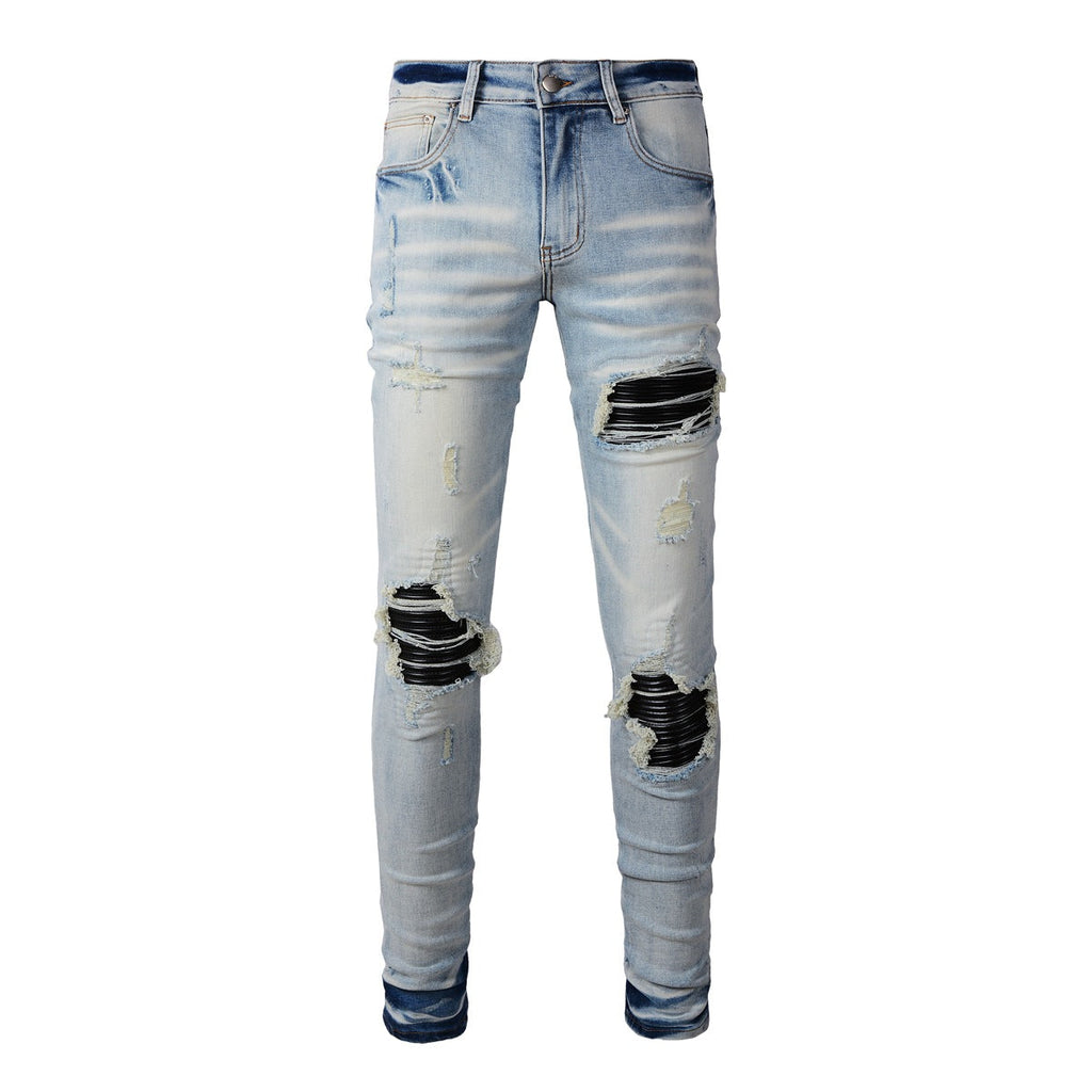 Purple Jeans Mens Punk Slim Stretch Distressed Jeans With Ripped Knee Patch Blue Pants 6848