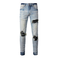 Purple Jeans Mens Punk Slim Stretch Distressed Jeans With Ripped Knee Patch Blue Pants 6848