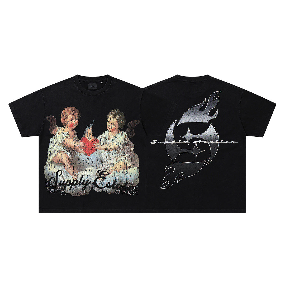 SUPPLY Twin Cherubs Flaming Heart Graphic Tee