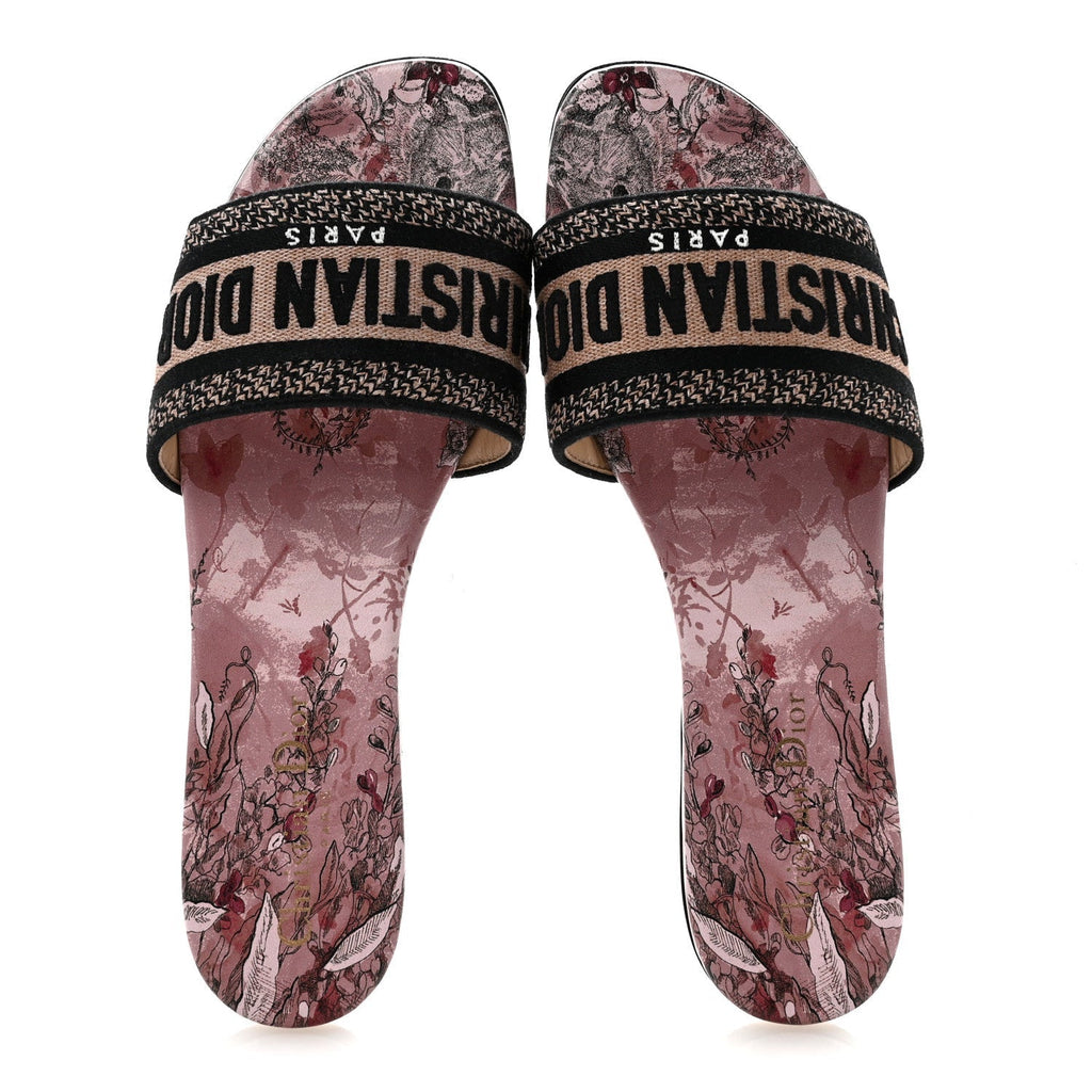 Canvas Rose Mutabilis Embroidered Dway Flat Slide Sandals 39 Fard Black