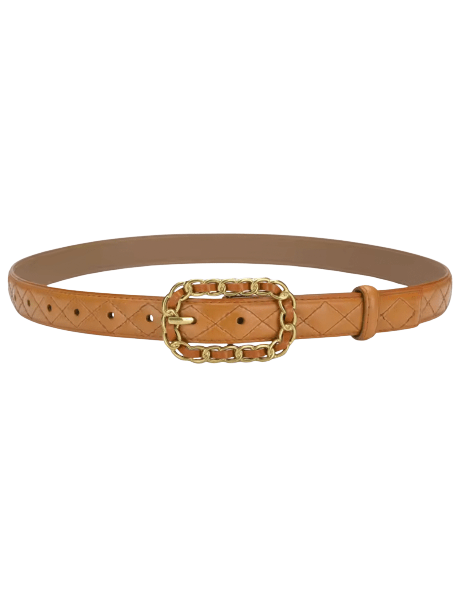 Fleur de Camélia Kimmy Quilted Leather Chain Buckle Belt in Camel